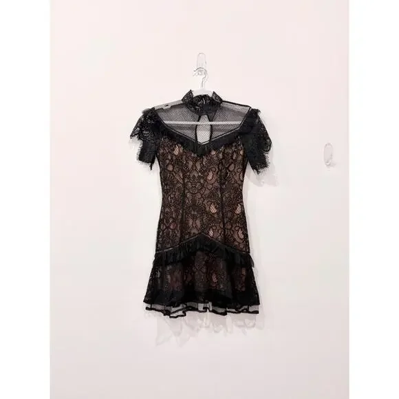 Jonathan Simkhai Mixed Lace Mockneck Mini Dress Lined Black Women's Size 2  (XS)